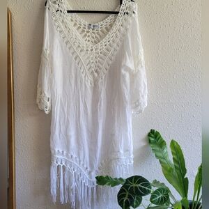 White Crochet Fringe Beach Cover Up